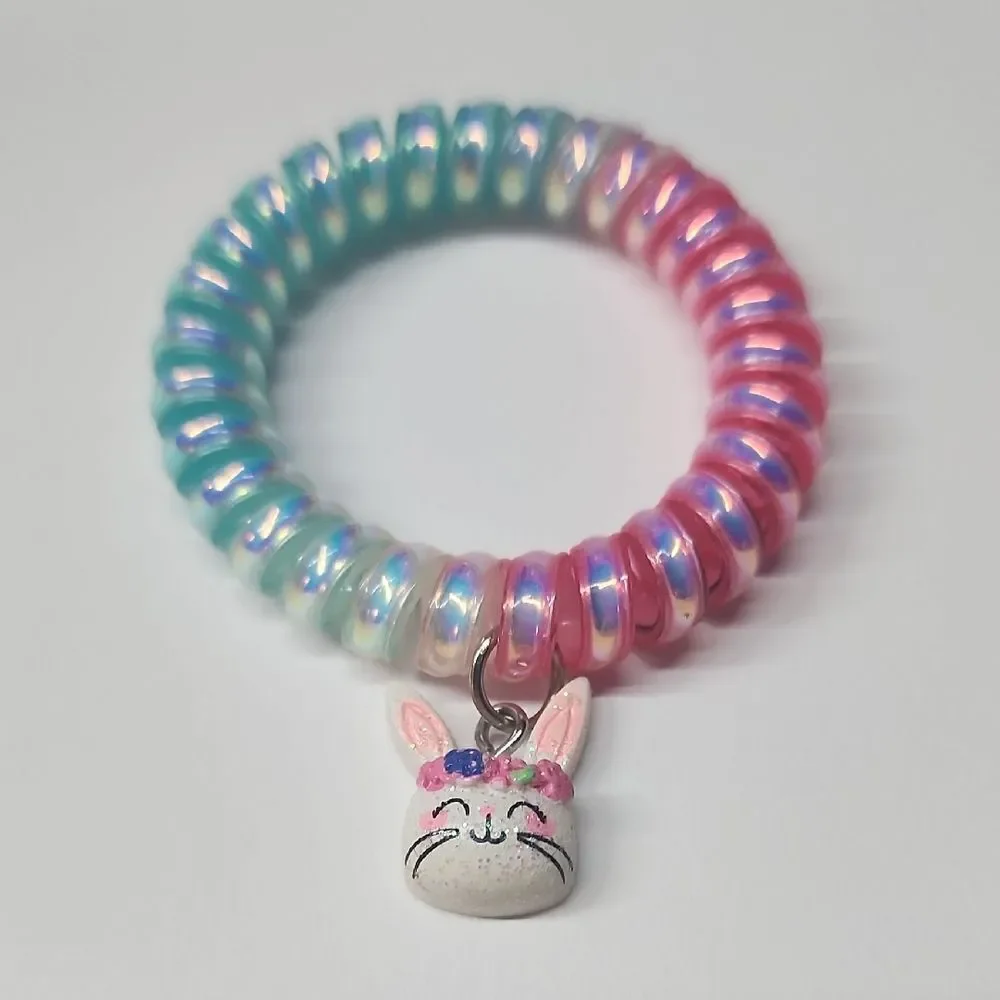 Colorful Spiral Hair Tie with Bunny Charm